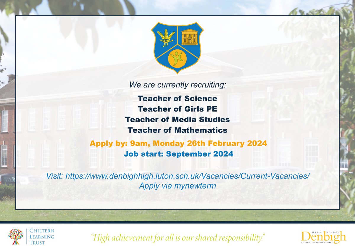 We are seeking to appoint for a variety of teaching roles to join us in September 2024. Please apply via My New Term. Closing Date: 9:00am, Monday 26th February 2024.
denbighhigh.luton.sch.uk/Vacancies/Curr…
mynewterm.com/school/Denbigh…