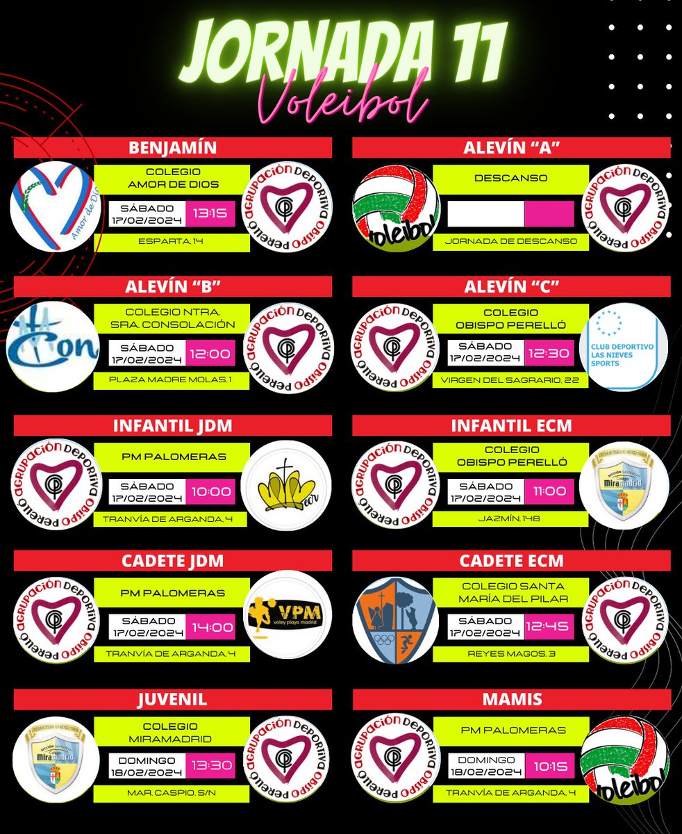 FuriarojaADOP's tweet photo. 🏐🏐
Horarios de la Jornada 11 de los equipos de
@obispoperelloc en @DeportesECM y Juegos Deportivos Municipales.
@amordediosmad
@serviciosextra
@cdnieves_sports
@CristoReyMadrid
@Miramadrid_Dep
@clubvpm
#VoleyPlayaMadrid
#DefensorLima
💪💪
#FuriaRoja https://t.co/woWfAYwtS9