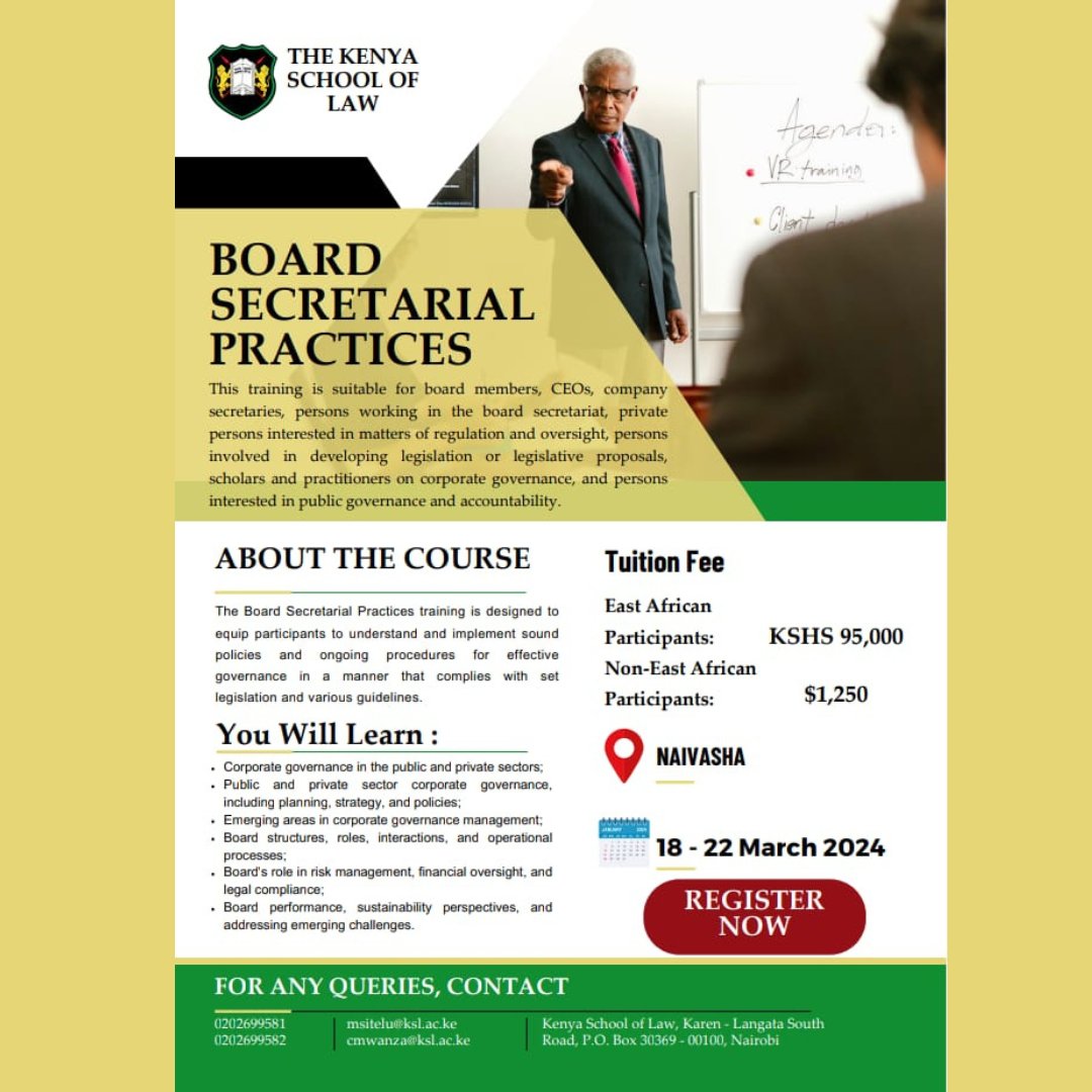 SchoolofLawKE's tweet photo. Sharpen your board governance skills! Take our Board Secretarial Practises Course & gain the knowledge to implement effective policies & procedures! Join us in Naivasha, Mar 18-22. Register now: https://t.co/9MuattkKbR
#KSLCPDs
#Governancetraining https://t.co/nutfI6zLeD