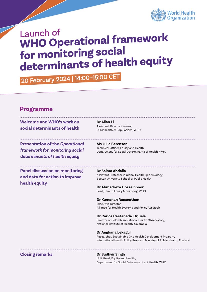 Looking forward to the launch of our important new @WHO framework to help monitor #socialdeterminants & catalyze action to reduce inequities, including practical experiences from 🇨🇴 & 🇹🇭 Join us this Tues 20 Feb at 1400 CET! Zoom: bit.ly/48d11uH Meeting ID: 967 0355…