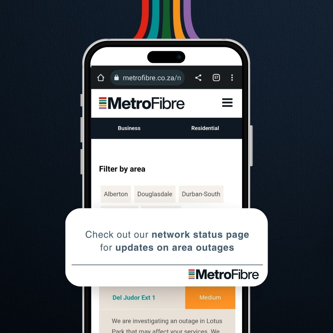 When those #connectivity hiccups creep up in your area, our techies are already on it and trying to get you back to #LivingYourBestLife!

Want to check your area's status or report an issue? Visit eu1.hubs.ly/H077FwJ0 or log a ticket on your portal. #MetroFibre #NetworkStatus