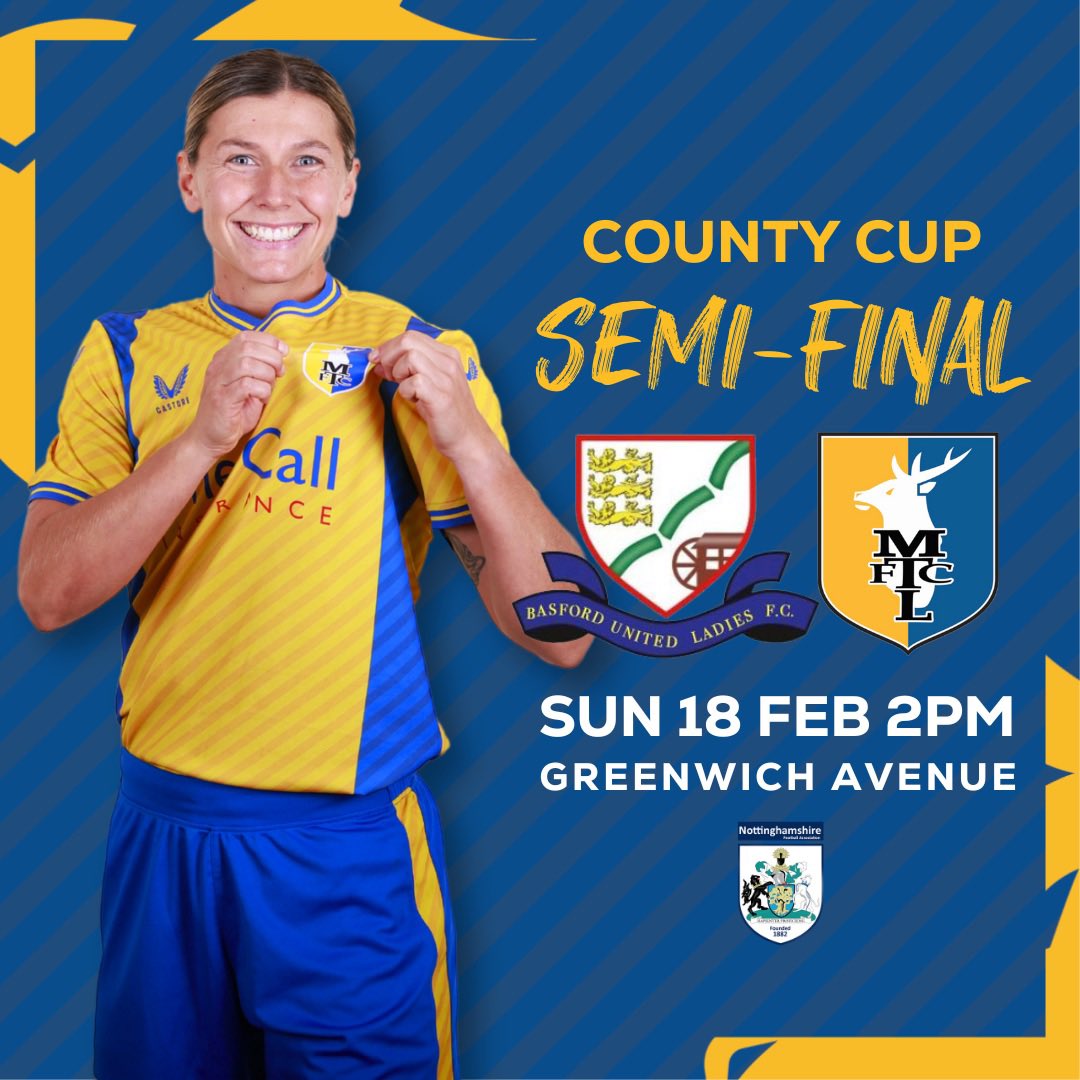 NEXT UP - Andi Bells side are in Nottinghamshire FA County Cup action as they look to make the final for third season in a row. Entrance Fee - £3:00 Adults £1:00 Concessions U16 Free 💛💙 #nottsfa #WeAreMansfield