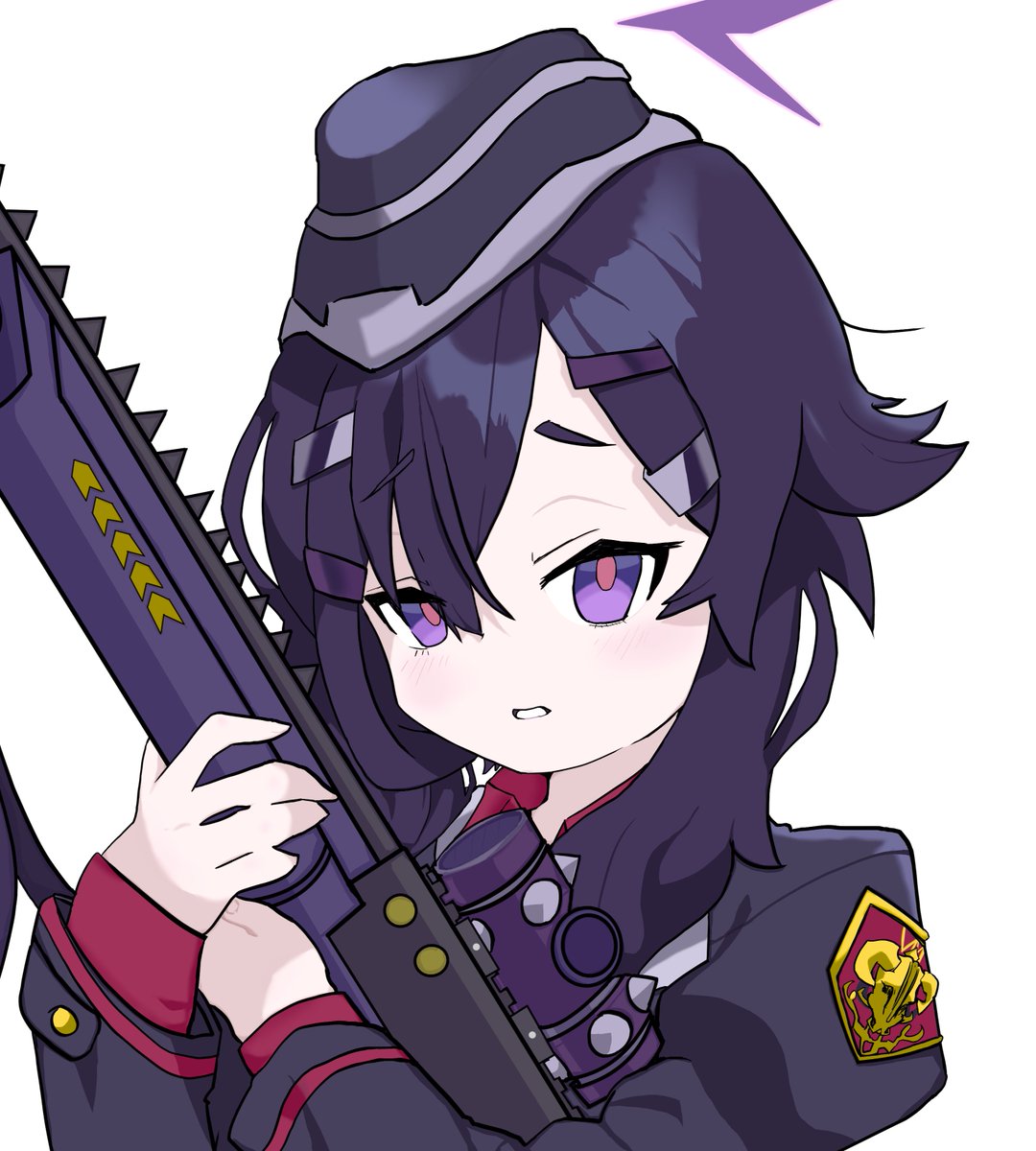 haruka (blue archive) 1girl purple eyes solo hat white background hair ornament weapon  illustration images