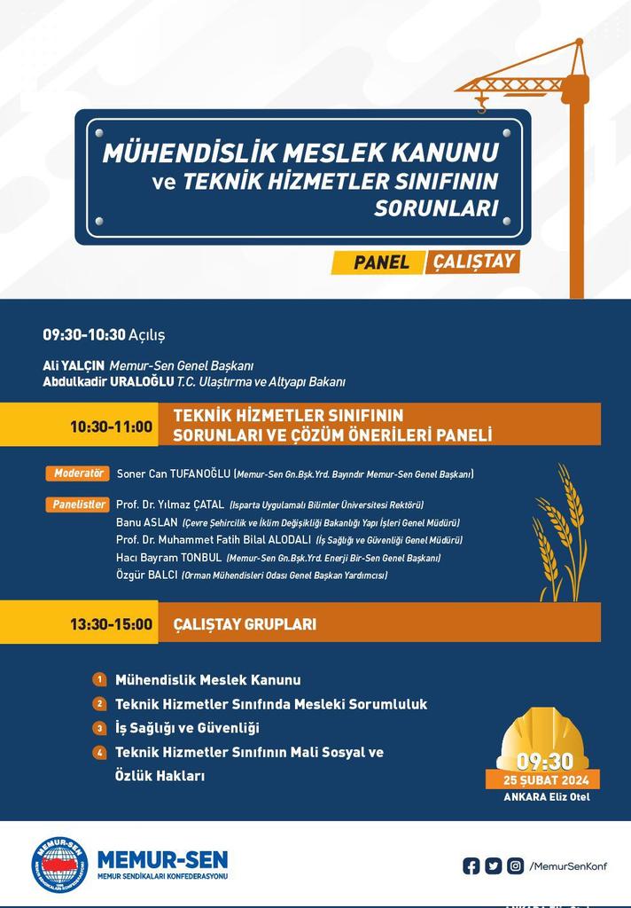 'Mühendislik Meslek Kanunu ve Teknik Hizmetler Sınıfının Sorunları Çalıştayı' düzenliyoruz. 

Ulaştırma ve Altyapı Bakanı Sn. <a href="/a_uraloglu/">Abdulkadir URALOĞLU</a> 'nun katılımıyla gerçekleşecek olan çalıştayımızda;

▪️Mühendislik Meslek Kanunu,
▪️Teknik Hizmetler Sınıfında Mesleki Sorumluluk,
▪️İş