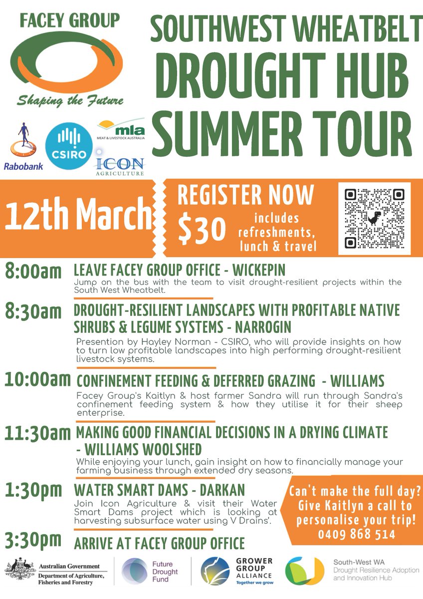 Facey Group (@faceygroup) on Twitter photo Are you committed to achieving better drought resilience? Want to learn more about the ways to prepare for ever-drying climates?
Join <a href="/FaceyGroup/">Facey Group</a> for the South West Wheatbelt Drought Hub Summer Tour🚌
12th Mar 24 @ 8am-3:30pm
Register here✍️ events.humanitix.com/drought-hub-to… Are you committed to achieving better drought resilience? Want to learn more about the ways to prepare for ever-drying climates?
Join <a href="/FaceyGroup/">Facey Group</a> for the South West Wheatbelt Drought Hub Summer Tour🚌
12th Mar 24 @ 8am-3:30pm
Register here✍️ events.humanitix.com/drought-hub-to…