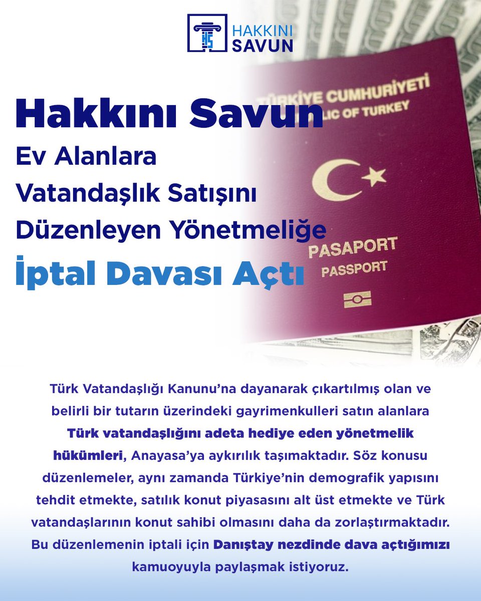 “Gayrimenkul satın alarak vatandaşlık kazanma” usulünü düzenleyen ve Türk vatandaşlığının yok pahasına satılmasına imkân tanıyan yönetmelik hükmü, Hakkını Savun tarafından Danıştay nezdinde dava edilmiştir. Gelişmelerden haberdar olmak için bizi takip etmeyi unutmayın.