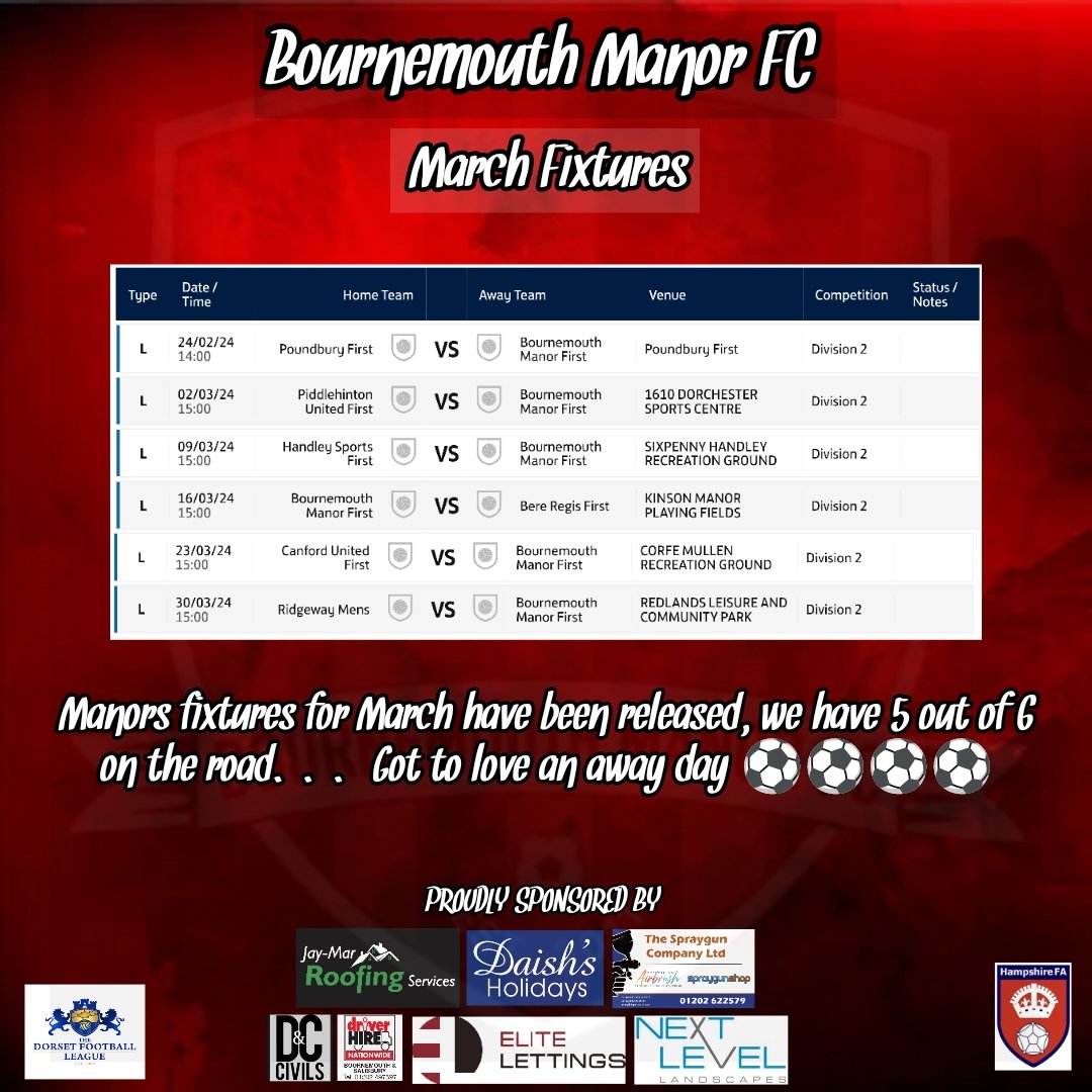 With no game this weekend for the Manor lads, here's a looks at the fixtures for our chaps for end of Feb and March.

A few away days on the cards but who doesn't love an away day 🚐🚐🚐🚐

#fixtures #league #opportunities #football #wearebournemouthmanor #UTM