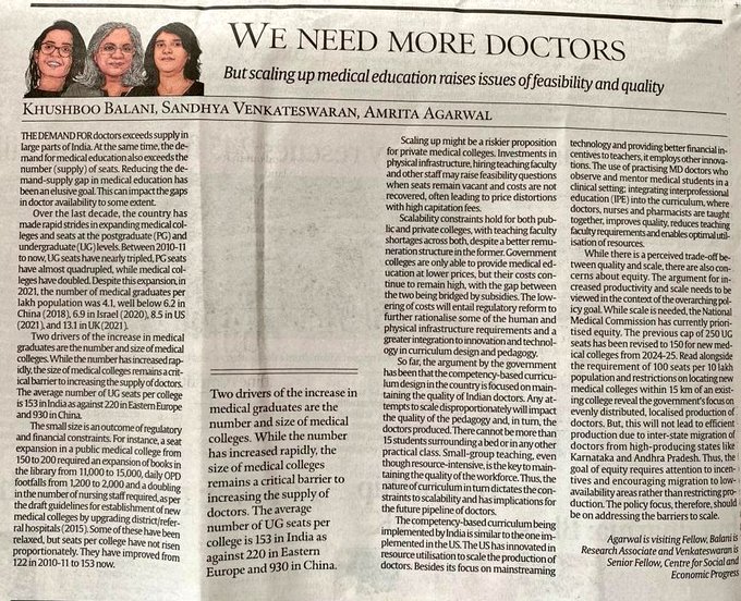 CSEP_Org's tweet photo. #Opinion
Sandhya Venkateswaran, Khushboo Balani &amp; Amrita Agarwal discuss the supply and demand dynamics of doctors and the barriers to medical education in India.

Read the article 👇
https://t.co/O2drbmBtIe https://t.co/Ty5Us7xb4y