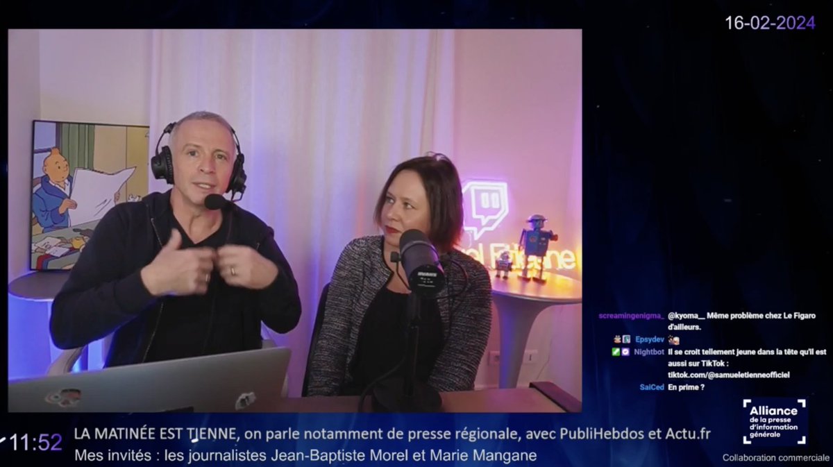 <a href="/SamuelEtienne/">Samuel Etienne</a> <a href="/JB__Morel/">JB Morel</a> <a href="/MMangane/">Marie Mangane</a> <a href="/OrneCombattante/">L'Orne Combattante</a> <a href="/76actu/">76actu</a> <a href="/EclaireurChato/">L'Éclaireur de Châteaubriant</a> .<a href="/MMangane/">Marie Mangane</a> : "L'information a un coût. Je crois que c'est important de le dire et de le répéter." ➡️ twitch.tv/samueletienne