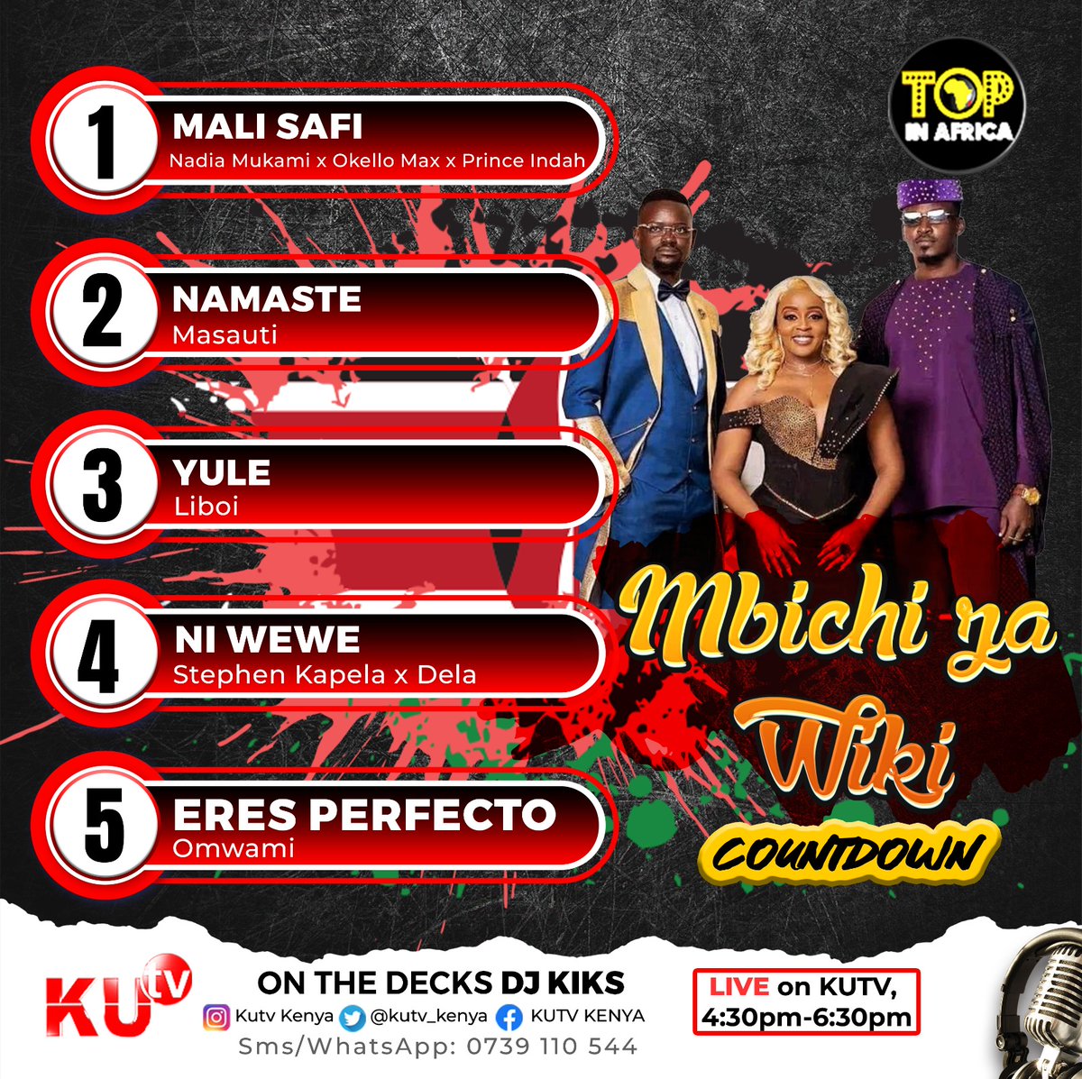 On today's mbichi za wiki segment, we bring you;
1. Mali safi <a href="/nadia_mukami/">NADIA MUKAMI🇰🇪</a> <a href="/OkelloMax254/">Okello Max</a> <a href="/princeindah/">Prince Indah, OGW</a>
2. Namaste <a href="/OfficialMasauti/">Masauti</a>
3. Yule @liboi
4. Ni wewe <a href="/delathedelz/">Dela Maranga</a>
5. Eres perfecto <a href="/Omwami_Don/">Daddy Don</a>
Which one is your favourite? Let us know 
#kutvkenya #tia #topinafrica #Africa
