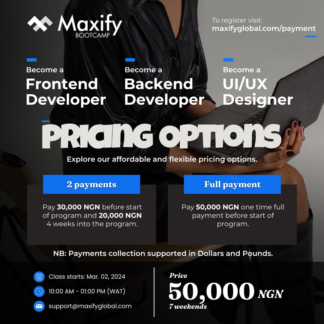 maxifyglobal's tweet photo. To learn more, visit: https://t.co/DhoJHAn8wc and choose your track (Frontend, Backend, or UI/UX Design).
How to Enroll: Visit: https://t.co/UVXDOQLljV.
#MaxifyBootcamp #frontend #backend #uiuxdesign https://t.co/bPFgqCqVUD