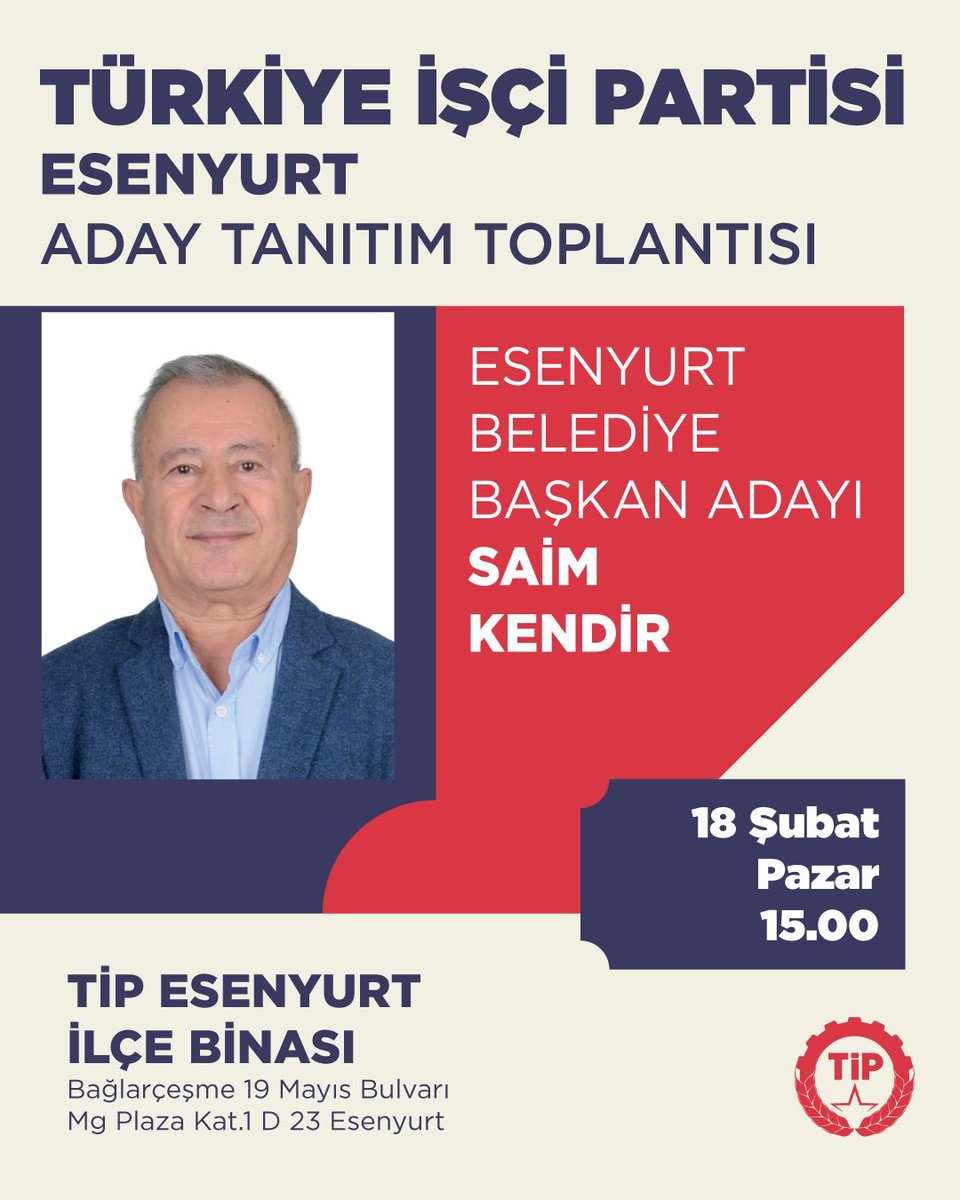Esenyurt’ta değişim için ilk adımı atıyoruz. Belediye Başkan Adayımız Saim Kendir’i tanımak ve yolumuza güç katmak için tüm Esenyurtlu yurttaşlarımızı 18 Şubat Pazar günü saat 15.00’te TİP Esenyurt İlçe Binası’na bekliyoruz.
