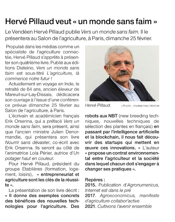 Herve_Pillaud's tweet photo. Ce sera un plaisir de vous retrouver au @Salondelagri le 25 février à 13h Bat 4 E074 sur le stand @FermeDigitale ou bien le 29 à 17h au stand de @lacoopagricole pour deux moments d’échanges et toute la semaine au stand #LFD 
Merci @OuestFrance ! https://t.co/zaMpVBHcMZ