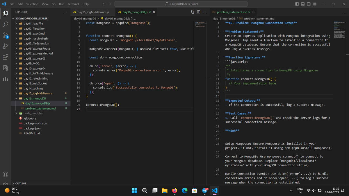 ravindraP04's tweet photo. Excited to announce the completion of Day 16 in the #30DaysOfNodejs challenge on Scaler Discord! Join the community for this and more challenges: https://t.co/bzOWEHmRtR 🚀Day16 function to establish a connection to a MongoDB database #ScalerDiscord #ScalerTopics @scaler_official https://t.co/W4q88Bkl3B