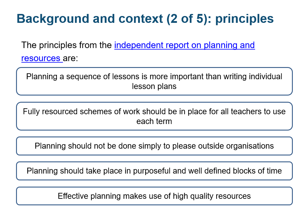 Principles for planning, from <a href="/educationgovuk/">Department for Education</a> school workload reduction toolkit:

gov.uk/guidance/schoo…