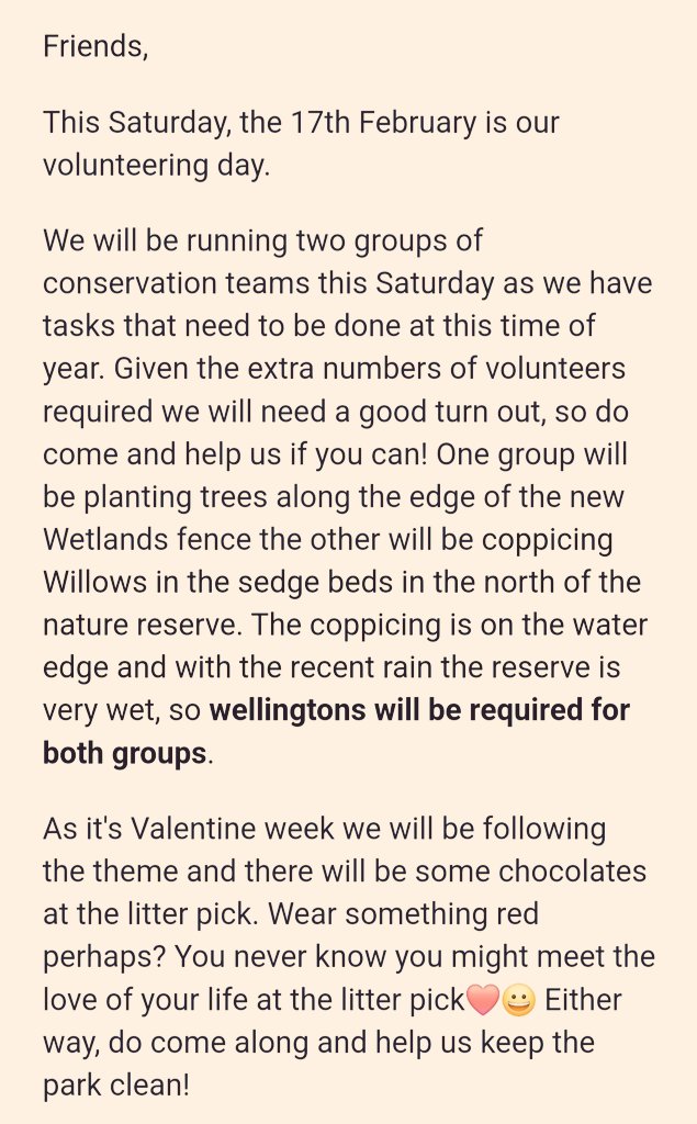 CassioburyFOCP's tweet photo. Sat. 17th Feb. is our volunteering day.   
We will be running two groups of conservation teams. One will be planting trees along the edge of the new Wetlands fence the other will be coppicing Willows in the sedge beds north of the nature reserve
#Cassiobury #Watford
@HMWTBadger https://t.co/h0w1cORIfT