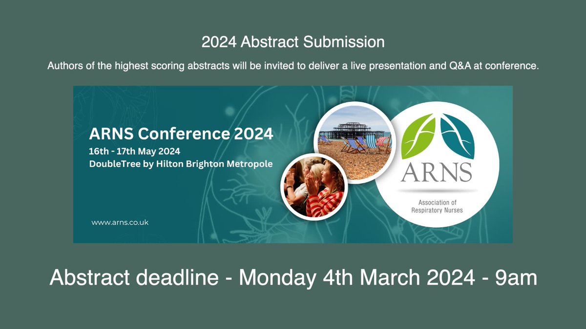 Abstract deadline - Monday 4th March 2024 - 9am Advise authors of abstract outcomes - 20th March 2024 Conference - Thursday 16th - 17th May 2024 arns.co.uk/annual-confere…