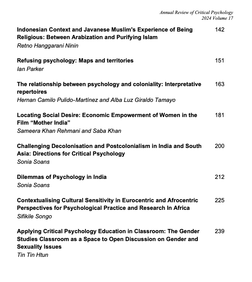 AACritPsy's tweet image. Pleased to announce our first publication a special issue of Annual Review of Critical Psychology: Critical Psychology in the Majority World.
Please share widely. Thank you.
Link
discourseunit.com/annual-review/…
#CriticalPsychology
#MajorityWorld
#openaccessjournal