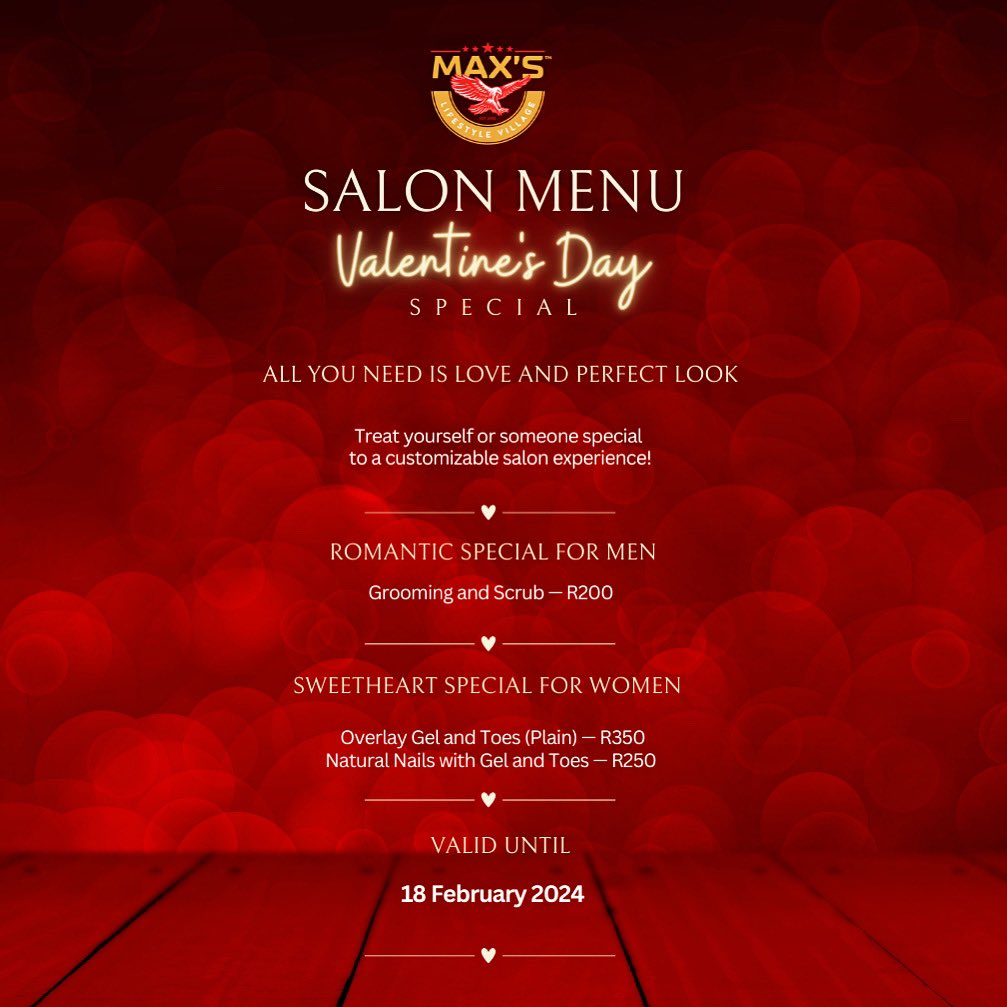 maxslifestyle1's tweet photo. Let’s continue the love with our Beauty Salon Special catered to all the guests!❣️

Treat yourself or someone special to our Lifestyle Beauty Salon Experience! 
*Valid until 18 February 2024 https://t.co/ekm5yHXT2c