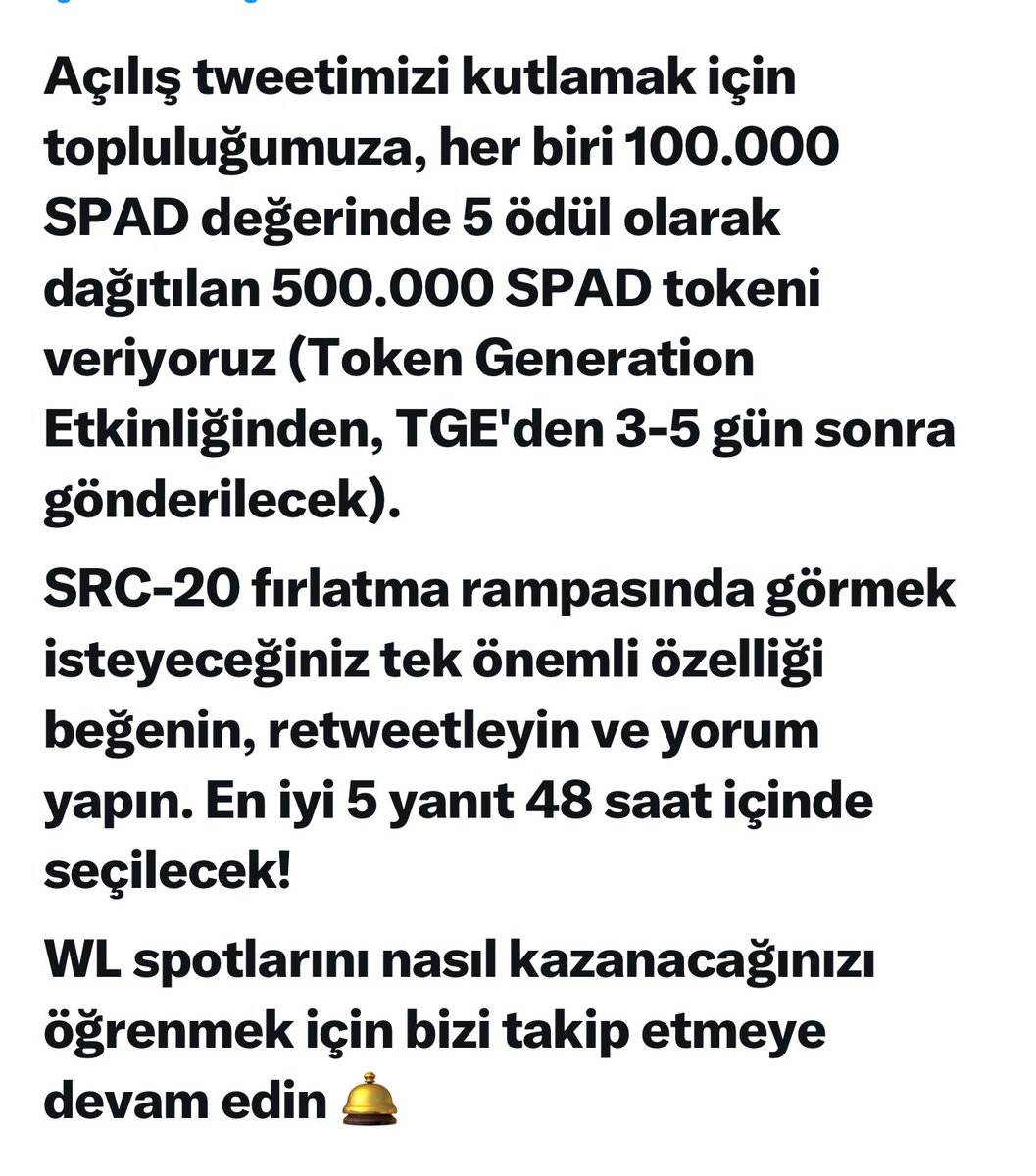 kriptoBurju's tweet image. Günaydın ❤️❤️❤️

Beklediğim ve sepetime ekleyeceğim bir #src20 projesi geliyor 

$SPAD 

İlgilenenler için alıntıladığım tweette güzel bir flood yapılmış.

Ve ödül olarak son tweetlerinde açıklama yapılmıs dağıtılacak #Spad var .. Şansınızı deneyip katılabilirsiniz.
