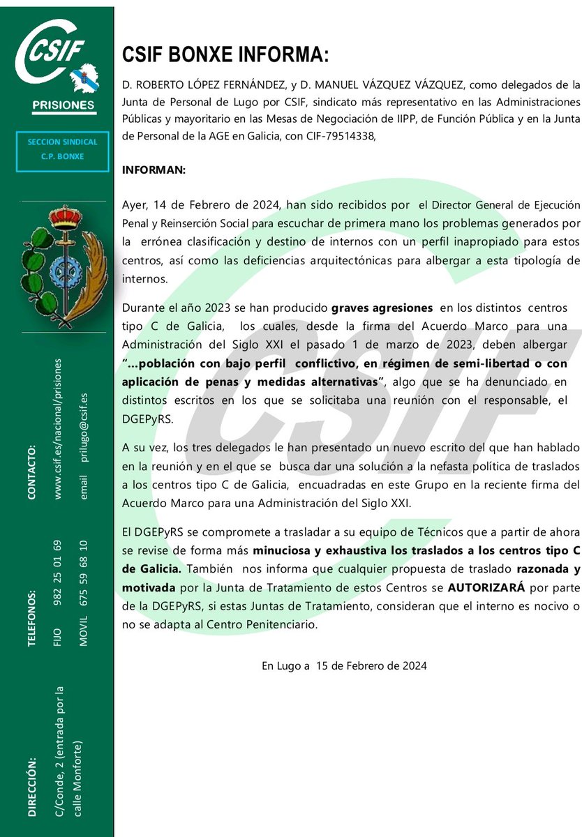 csifcpbonxe's tweet photo. 📢📢📢Delegados de #CSIF Bonxe se han reunido con el DGEPyRS para exponer los problemas derivados de una nefasta clasificación  de internos 
#AlcemosLaVoz 
@elprogreso_Lugo 
@TVGalicia https://t.co/w7xLkAIct9