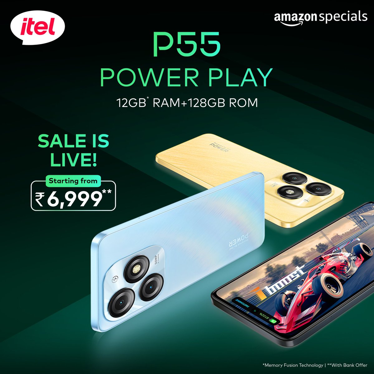 itel_india's tweet image. Gear up for the ultimate power play with itel P55! Featuring 12GB RAM+128GB ROM, now available starting from Rs. 6999. Don't miss out, buy now! 
Order at - bit.ly/3UzQzKJ
#itel #P55 #itelP55
