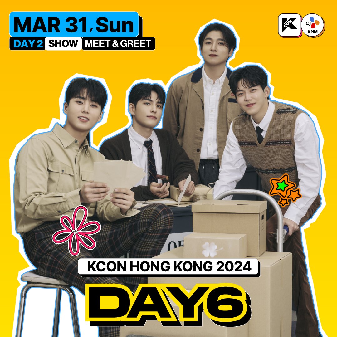 [#KCONHONGKONG2024] 𝗗𝗔𝗬 𝟮 𝗟𝗜𝗡𝗘𝗨𝗣

🎉 𝗦𝗛𝗢𝗪
👋 𝗠𝗘𝗘𝗧 &amp; 𝗚𝗥𝗘𝗘𝗧

#DAY6
#데이식스
<a href="/day6official/">DAY6</a>

-
#KCONLINEUP
➡ FOLLOW NOW (instagram.com/kconhongkong/) 
📍MAR 30 - 31
✨Let’s #KCON!