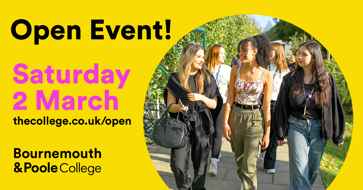 See our amazing facilities, meet expert tutors, get careers advice and find out about a wide range of courses. Saturday 2nd March 9:30am-12:30pm. thecollege.co.uk/open #bournemouth #poole #bournemouthPooleCollege