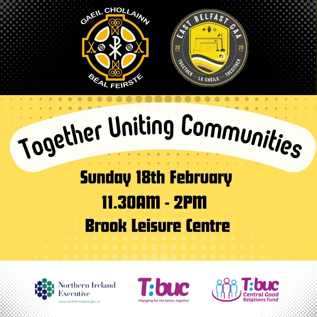 We are looking forward to welcoming our friends @EastBelfastGAA on Sun 18th Feb at Brook Leisure Centre! It's going to be a great day! ⚫️🟡⚫️🟡 

@ExecOfficeNI
@NI_CRC
#TBUC
#CommunityRelations
#GoodRelations
#UnitingCommunitiesTogether
#ColinGaelsGAC⚫️🟡