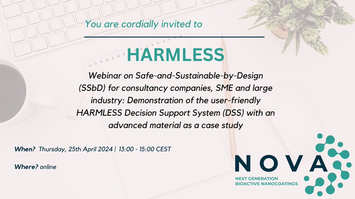 Exciting Opportunity Alert! Join the HARMLESS webinar on Safe-and-Sustainable-by-Design (SSbD) for consultancy companies, SMEs, and large industry stakeholders!
Register by April 23rd // More information here: harmless-project.eu/harmless-webin…

#SSbD #Innovation #HARMLESSProject #Webinar