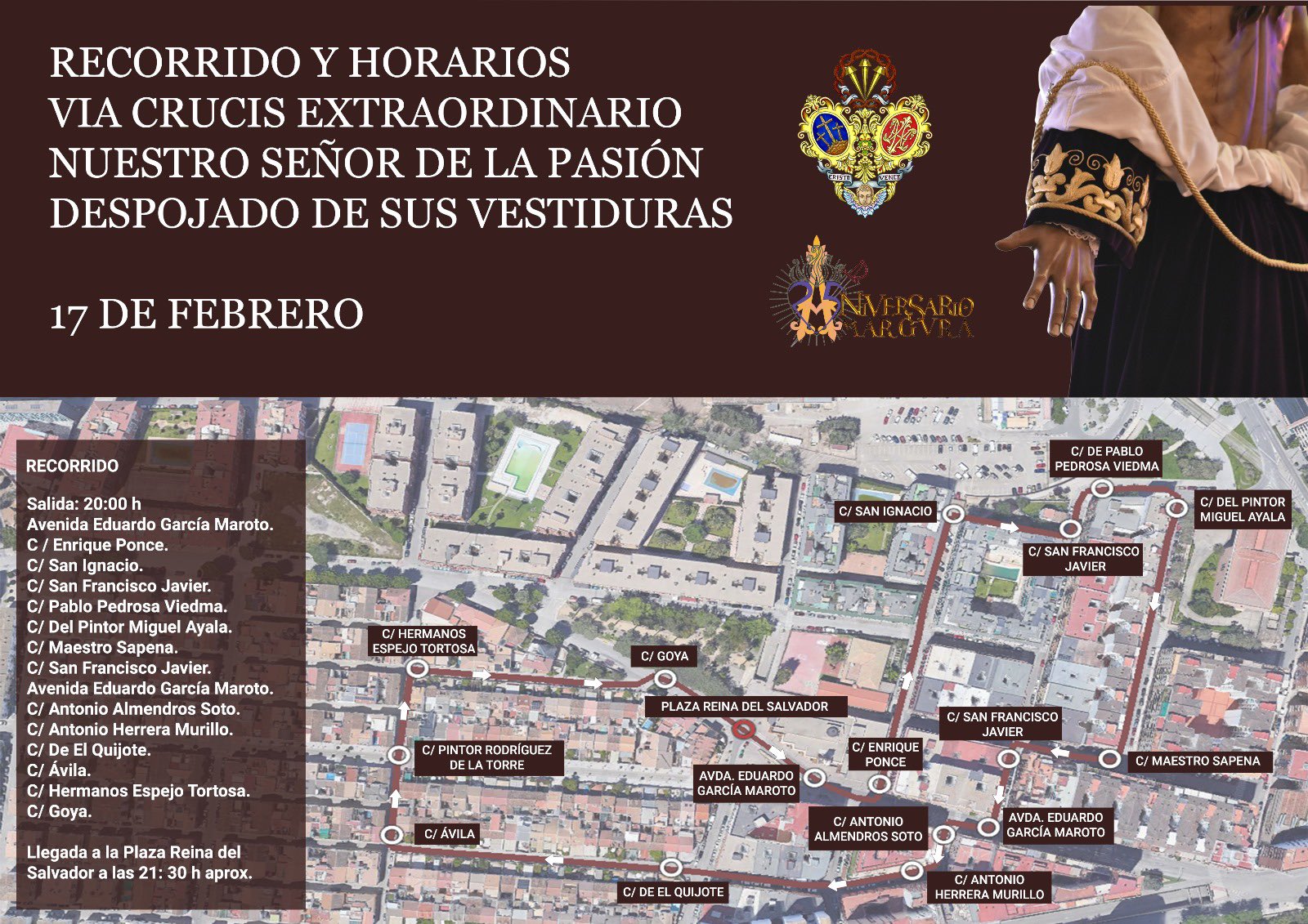 Horario e Itinerario Via Crucis de Señor de la Pasión Despojado. Jaén 17 de Febrero del 2024