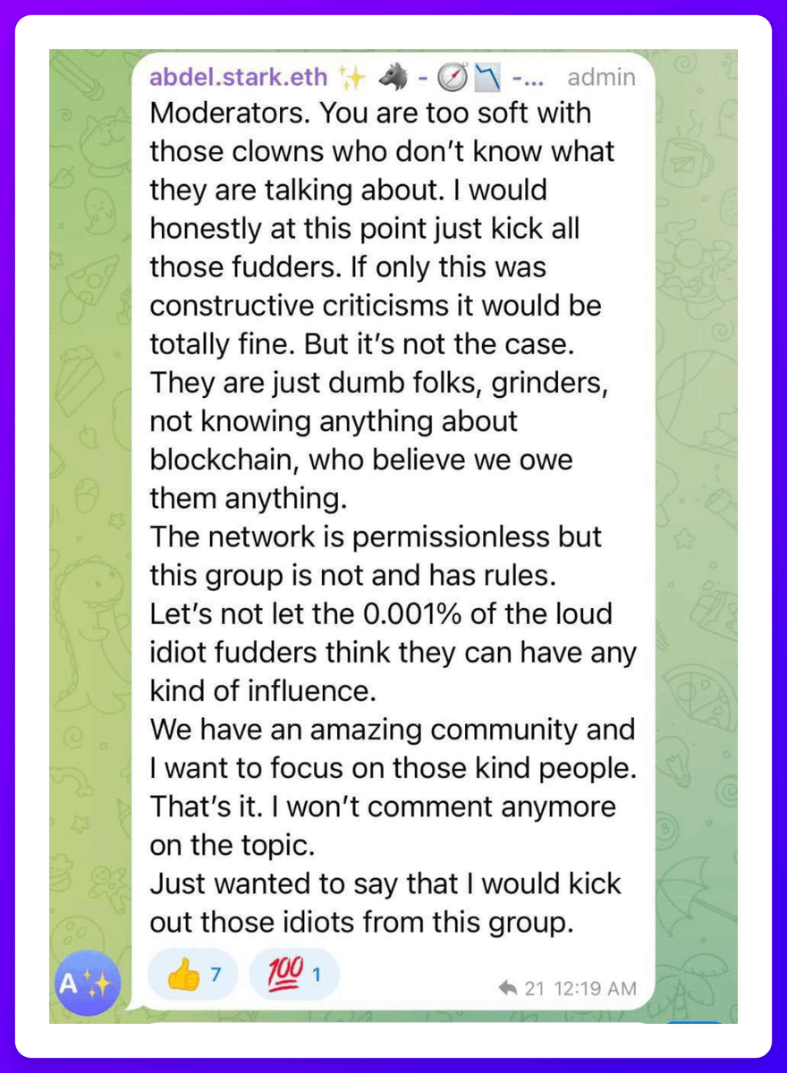 AirdropAlertAAD's tweet photo. Yo, check this out! How the @starknet Team acts when they get called out by their own community? They straight up diss them and then try to delete the evidence. 🙄

In the crypto world, transparency is everything. But there are some projects that just don't get it. Instead of dealing with legit concerns, they resort to insults and deleting comments. Well, guess what? The truth always comes out, fam. 📷💣

Imagine getting called out for being clueless and not open to feedback. It's a total PR nightmare waiting to happen! 😱 So, project owners, listen up! If you want a loyal following, you gotta treat your community like the smart, valuable peeps they are. 🗣️🌐

Don't forget, pics speak louder than words. 📸 Don't be that project that tries to hide their mistakes by deleting stuff in a rush. Embrace the feedback, learn from your errors, and come back even stronger. 📈💪

That's why, my fellow 🪂airdrop enthusiasts, keep your eyes peeled. Take screenshots, gather the receipts, and let these projects know that we see what they're trying to pull off. Share those deleted messages far and wide, and expose their true faces to the world. 🚀🔎

Let's band together for transparency and accountability in the crypto space. We can expose the shady stuff, protect our community, and demand better from these projects. 🌐💼

@Starknet @StarknetFndn @EliBenSasson
@jdiegooliva @StarknetEco @Starknet_id @StarkWareLtd @LineaBuild @EliBenSasson @jdiegooliva @abdelstark )

#CryptoCommunity #TransparencyMatters #ScreenshotsDontLie #AirdropRevolution #HoldThemAccountable