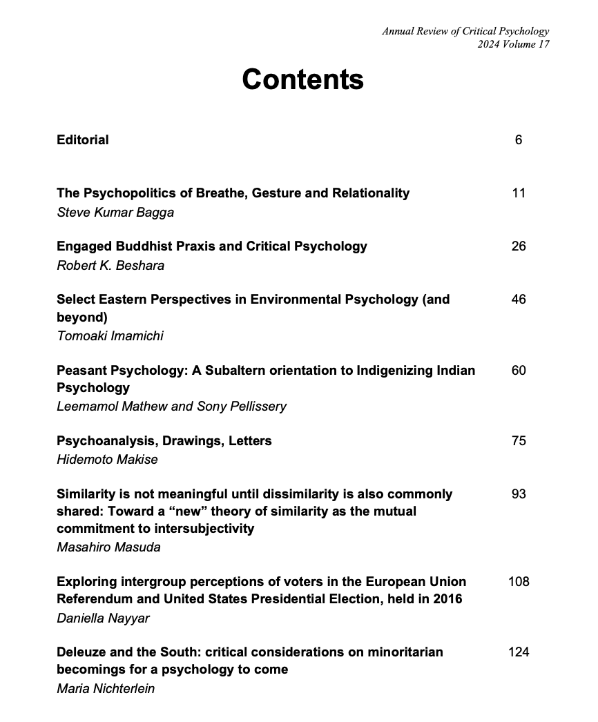 AACritPsy's tweet image. Pleased to announce our first publication a special issue of Annual Review of Critical Psychology: Critical Psychology in the Majority World.
Please share widely. Thank you.
Link
discourseunit.com/annual-review/…
#CriticalPsychology
#MajorityWorld
#openaccessjournal
