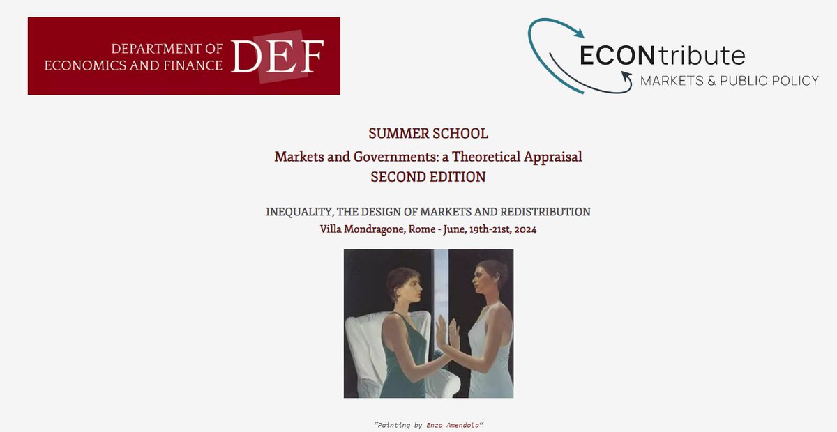 There is a very interesting summer school in Rome INEQUALITY, THE DESIGN OF MARKETS AND REDISTRIBUTION Villa Mondragone June 19-21, 2024. I encourage all senior & junior researchers to apply! Fascinating program! ceistorvergata.it/MGTA @DEF_TorVergata @ECON_tribute 👇🗓️🌎☀️