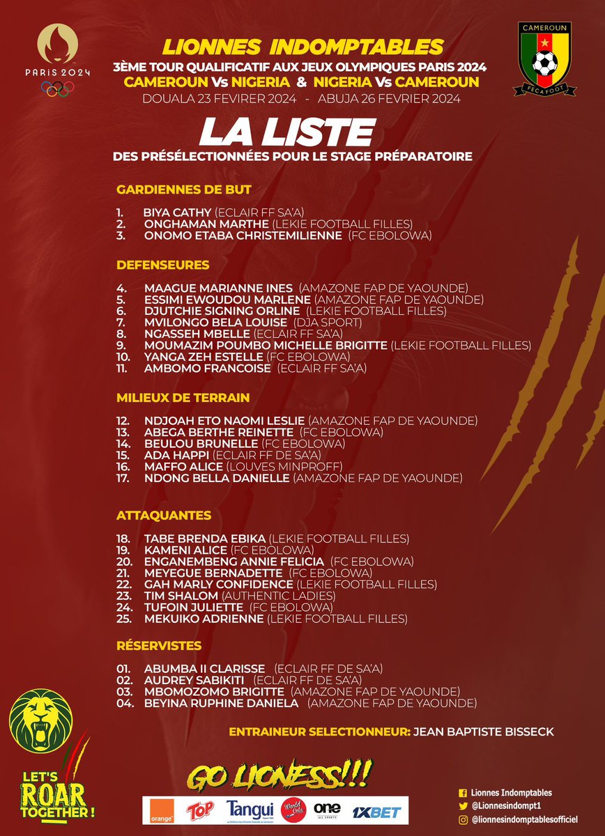 🚨
Indomitable Lionness of Cameroon has release their squad to face Nigeria Super Falcons is the Round 3 of #Paris2024 Olympic Qualifiers.  

#CMRNGR |#PARIS2024Q| #GOLIONESS | #ALLEZLESLIONNES | #LETSROARTOGETHER | #INDOMPTABLES |