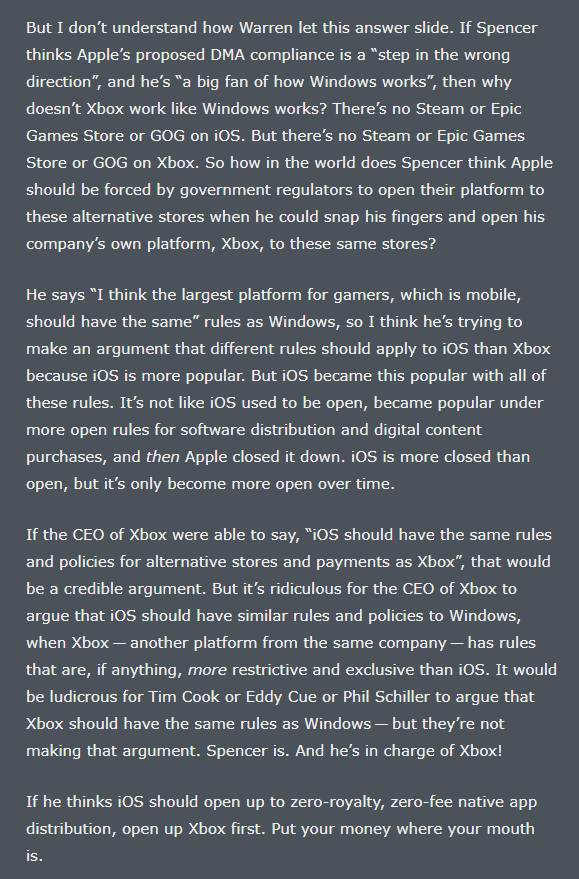 tomwarren's tweet image. I'm surprised @gruber doesn't understand the business model of game consoles. The Xbox hardware is subsidized by Microsoft, in exchange for a cut of game sales. I wonder if Apple would be interested in reducing the price of the iPhone for consumers? daringfireball.net/2024/02/phil_s…