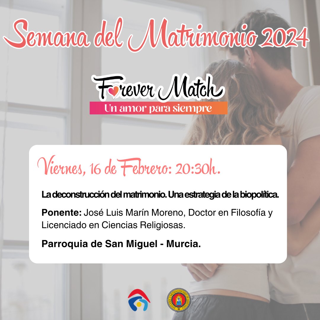 💗 ¡Última conferencia!

💖 Continuamos en la #SemanadelMatrimonio. En la parroquia de San Miguel de Murcia a las 20:30 horas.

🎙 "La deconstrucción del matrimonio. Una estrategia de la biopolítica" con José Luis Marín.

ℹ Más info: familiayvida.org/semana-del-mat…