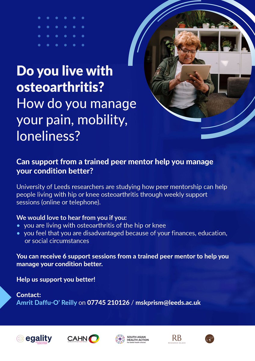 Do you or someone you know have #osteoarthritis? Would you like to receive FREE #peer #mentorship?

<a href="/UniversityLeeds/">University of Leeds</a> wants to work with #diverse #participants to support you with your #OA better! #ArthritisPeerMentor

<a href="/UniversityLeeds/">University of Leeds</a> <a href="/UniLeedsPRISM/">UniLeedsPRISM</a> <a href="/EgalityHealth/">Egality Health</a> <a href="/SAHealthAction/">SAHA UK</a>
