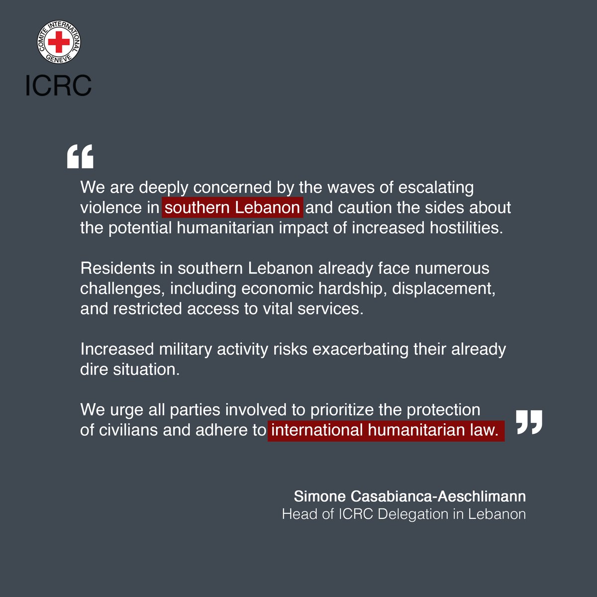 Amid the escalating events in southern #Lebanon, we call on all concerned parties to preserve the lives of #civilians and adhere to the principles of #internationalhumanitarianlaw.