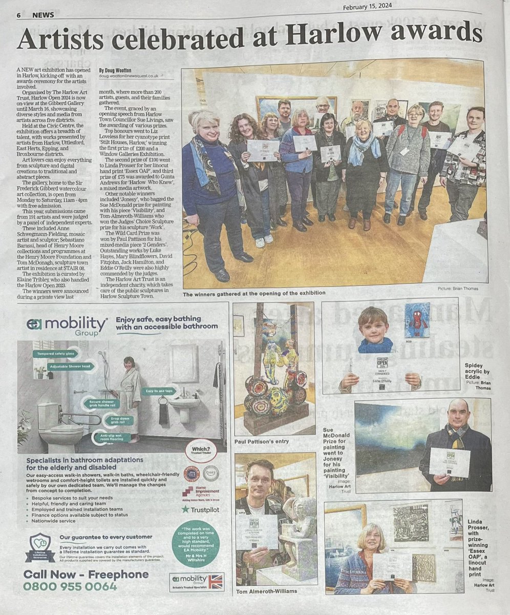 Read all about it, Harlow Open 2024 has made the front page of the Harlow Guardian!

The article covers the winners as well as the Private View where they were announced.

Get your copy before the week is out!

#harlow #harlowopen24 #gibberdgallery