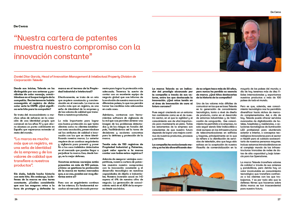 BrandsofSpain's tweet photo. #ConMarca: Daniel Dios García, Head of Innovation Management & IP Division de @Televes, nos habla en esta entrevista sobre el registro de color de sus antenas ante la @OEPM, la importancia de la protección de la defensa de la marca, entre otros temas➡️ https://t.co/c934vBFQwD https://t.co/X1N8he01Ro
