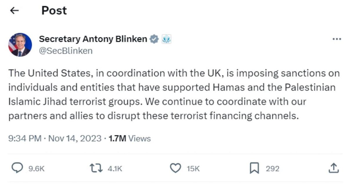 TIGA PERTUBUHAN PALESTIN DIPANTAU BAWAH SENARAI PENGGANAS FBI OLEH KERAJAAN MALAYSIA

Sblm ini, Setiausaha AS Anthony Blinken memuat naik tweet yang Israel, Amerika &amp; sekutunya sedang dlm projek berskala global menyekat sumbangan ke Gaza sebagai sebuah bentuk pendanaan terrorism.