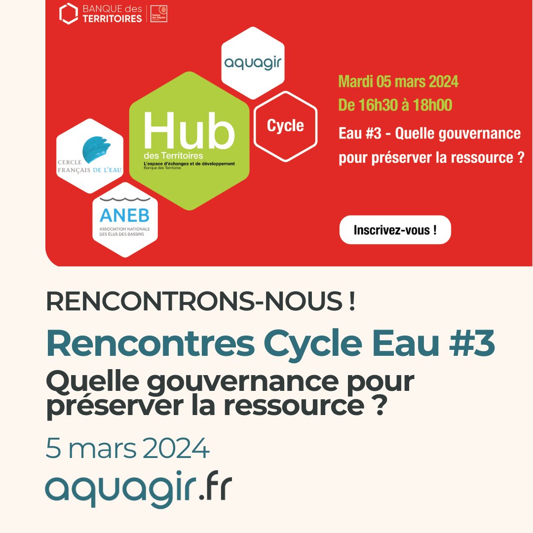 aquagir_fr's tweet image. Après 2 volets sur le partage de l’eau et l&apos;adaptation des réseaux au changement climatique, nous nous retrouverons au #HubdesTerritoires pour parler de la gestion des eaux
📍 72 Av. Pierre Mendès France - Paris / Teams
📆 05/03 16h30-18h
📌 Inscription : banquedesterritoires.fr/evenements/eau…