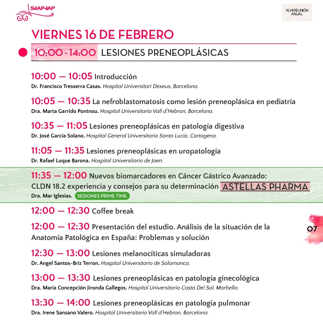 SEAP_IAP's tweet image. Última jornada de esta XLVII Reunión Anual. Hoy viernes 16 comenzamos hablando de "Lesiones preneoplásicas" en pediatría, digestivo, uropatología, piel, ginecología y pulmón. ¡Un programa muy completo!
#SEAP2024 
#pedipath #GIpath #GUpath #Dermpath #gynpath #lungpath