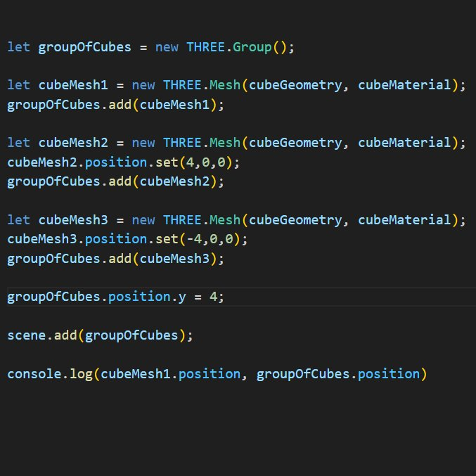 What is the reason why <a href="/threejs/">Three.js</a> doesn't update the position values of individual meshes when the position values of the parent group have been changed?   

console for below code ->  
Vector3 {x: 0, y: 0, z: 0} 
Vector3 {x: 0, y: 4, z: 0}