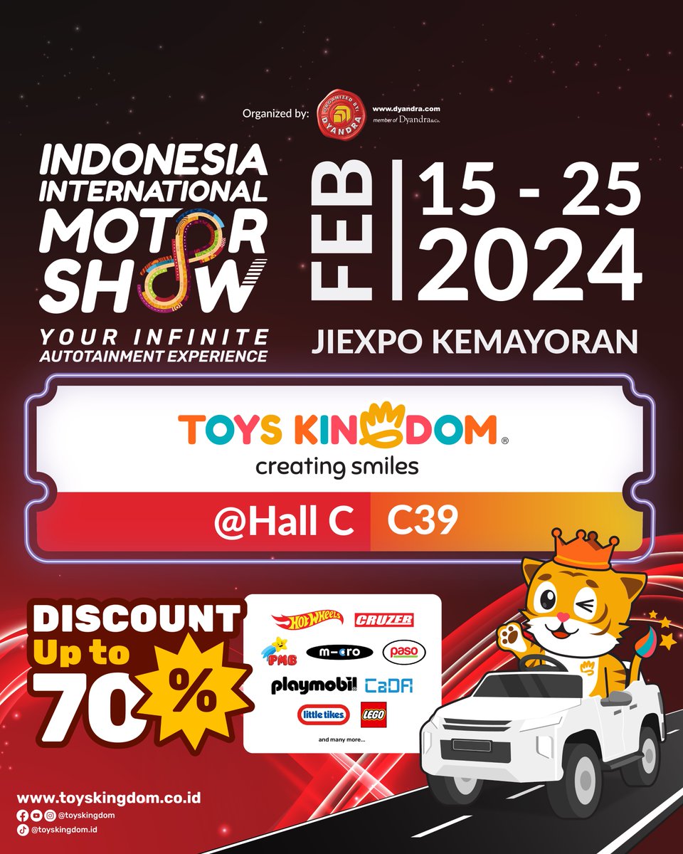 Toys Kingdom hadir lagi di Indonesia International Motor Show (IIMS) 2024! 🥳 

Segera kunjungi booth kami, yuk, di Hall C - C39, yang berlokasi di JIEXPO Kemayoran mulai tanggal 15-25 Februari 2024, Smileys! 
Dapatkan promo spesial discount up to 70% dan Buy 1 Get 1!