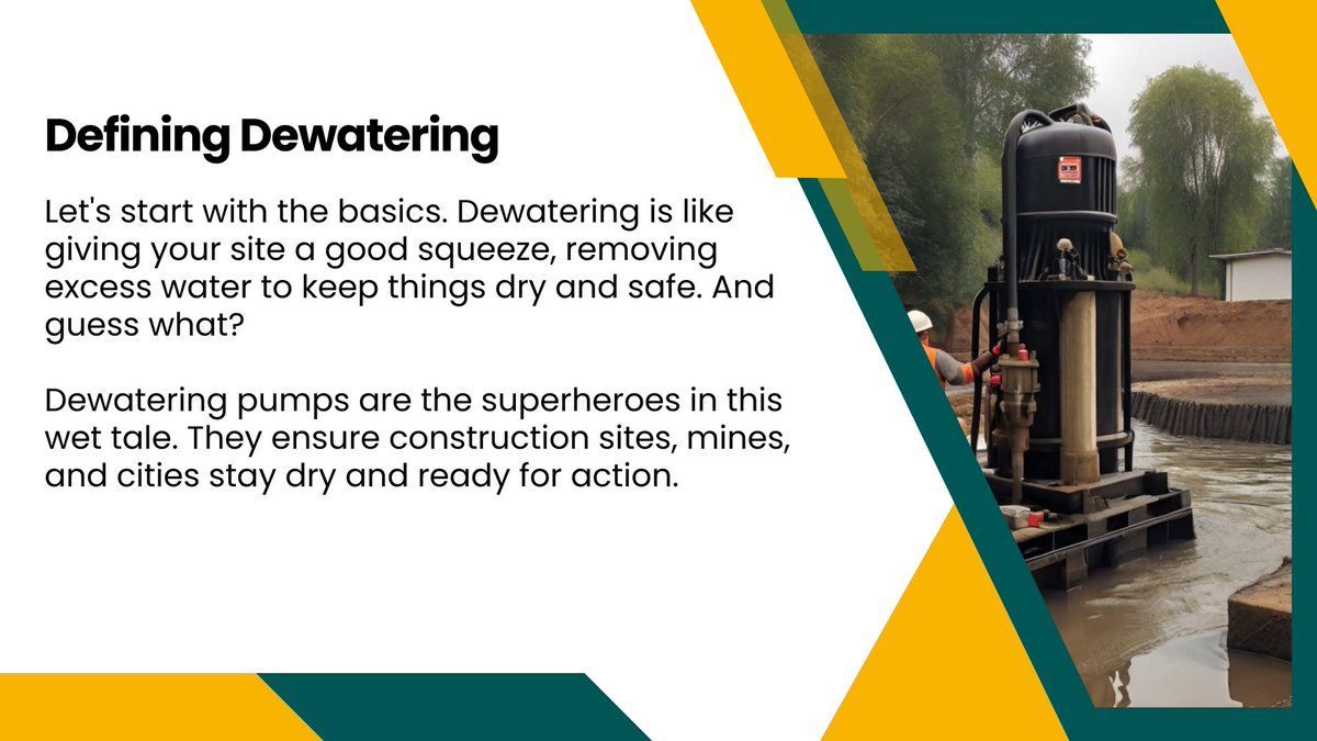 Let's kick things off by understanding the basics. #Dewatering is like giving your site a good squeeze – removing excess water to keep things dry and safe. Now, enter the superhero – the #dewateringpump. These #pumps ensure #Construction  sites, #mines, and more stay #waterfree .