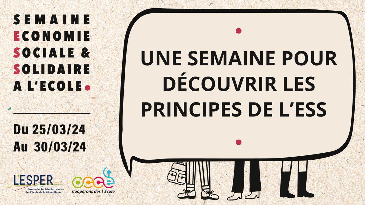 📅 Du 25 au 30 mars, pour la #SESSE2024, faites découvrir en classe les principes de l’#ESS : démocratie, durabilité, solidarité, coopération…

Inscriptions et informations ➡️ urlr.me/djGv3

@LESPER_France @Occe_FD @Education_gouv @Economie_gouv