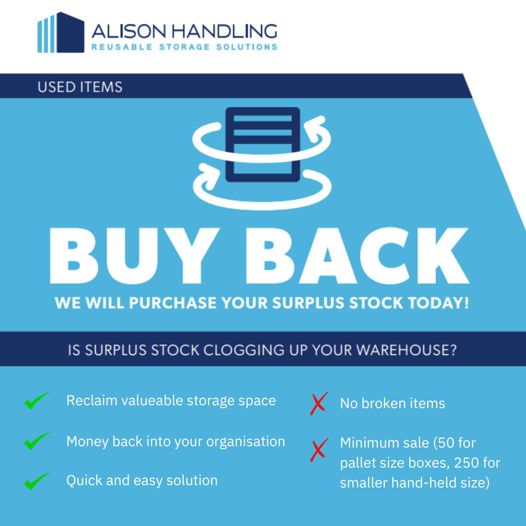 AlisonHandling's tweet photo. ⭐Buy Back⭐

We can help clear your unwanted stock that might be taking up valuable space in your organisation!

Contact us via:
📞 01772 687940
📧 enquiries@alisonhandling.com
💻 https://t.co/tkYQh1IpFR

#BuyBackScheme #UnwantedStock #PlasticContainers #UsedContainers https://t.co/VOTTCEWLY0