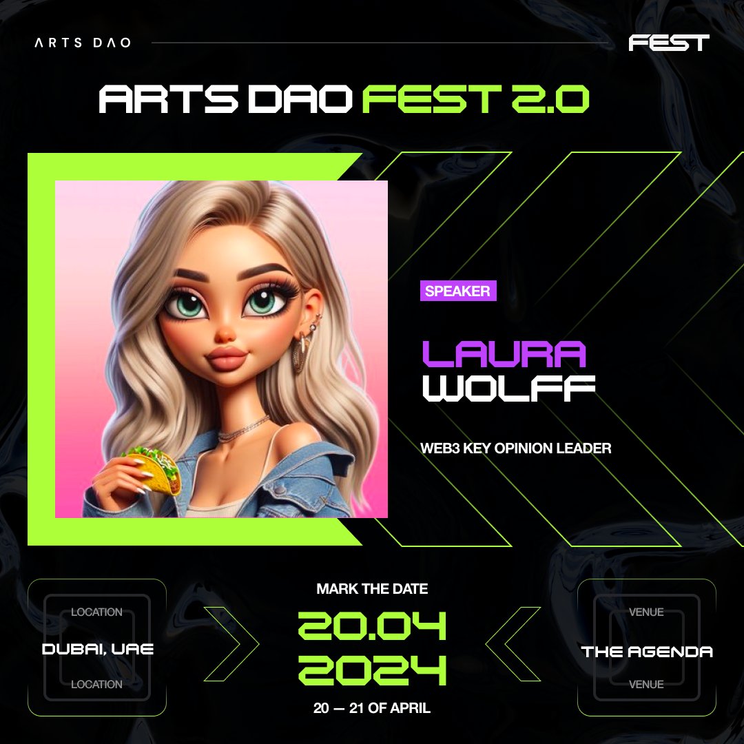arts_dao's tweet photo. Announcing @laurawolff as a Speaker at Arts DAO FEST

Dubai, April 20-21

You can't make this up... https://t.co/mkWXR4FAZq